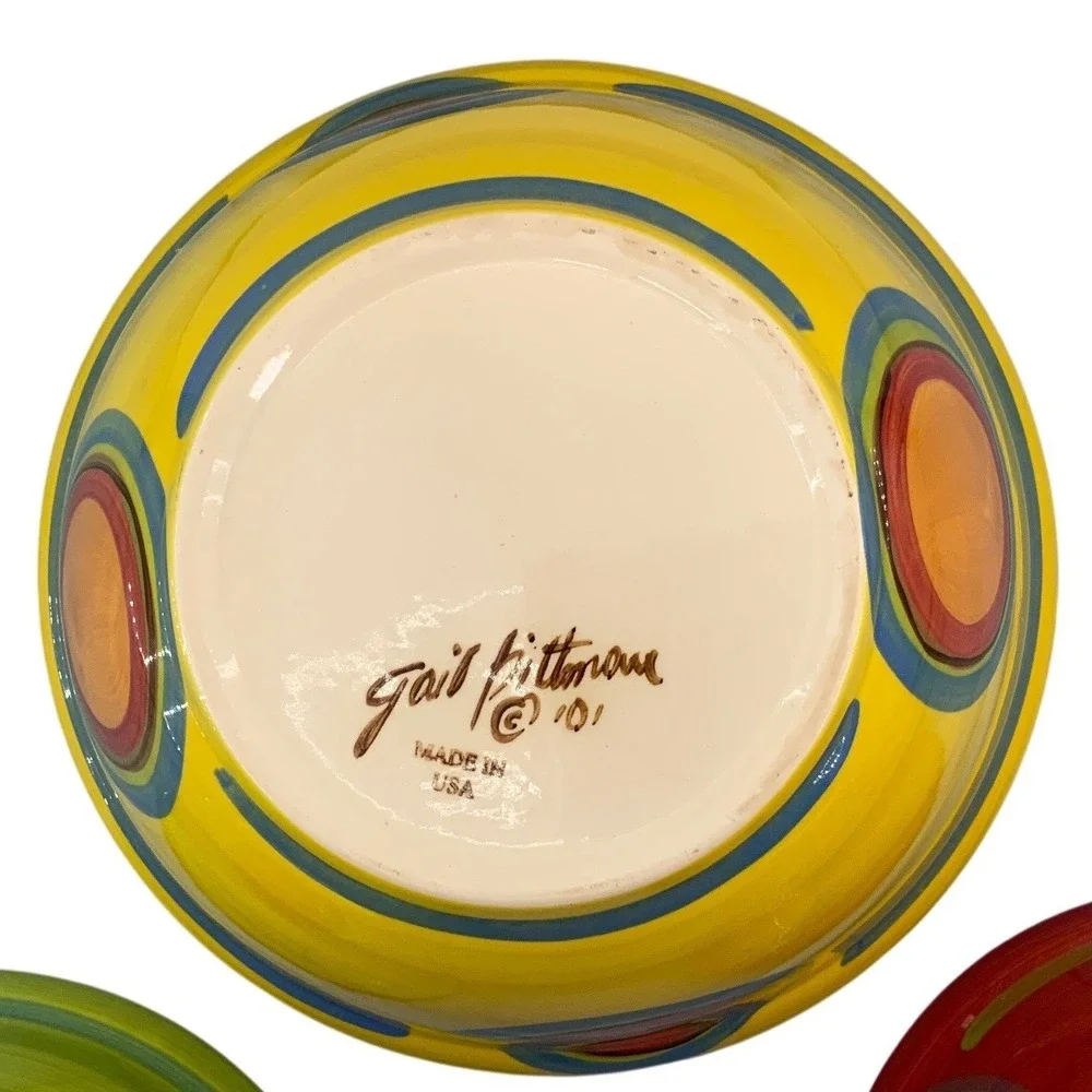 Gail Pittman Hand Painted Ceramic Bowls Set of 3 Red Yellow Green Made in USA 01